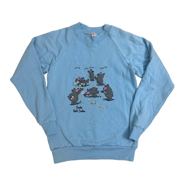 Vintage Sweatshirt Long Sleeve Crew Neck Pastel Blue Bear Graphic Kawaii Small - Picture 4 of 8